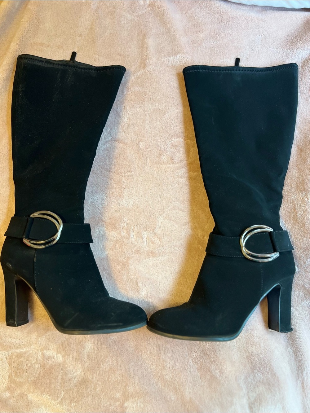 Women's Black Mid-Calf Heeled Boots with Silver Buckle